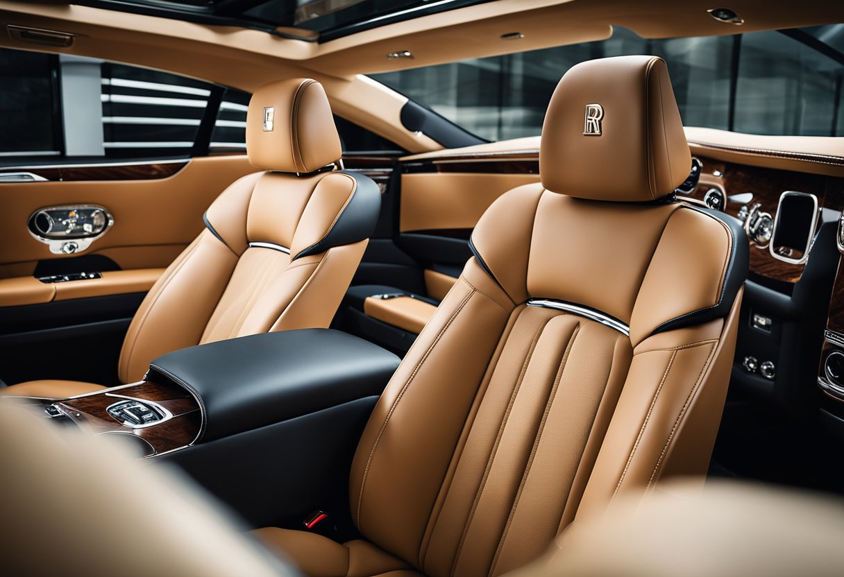 A luxurious Rolls Royce interior with plush leather seats, polished wood accents, and a sleek dashboard with modern technology