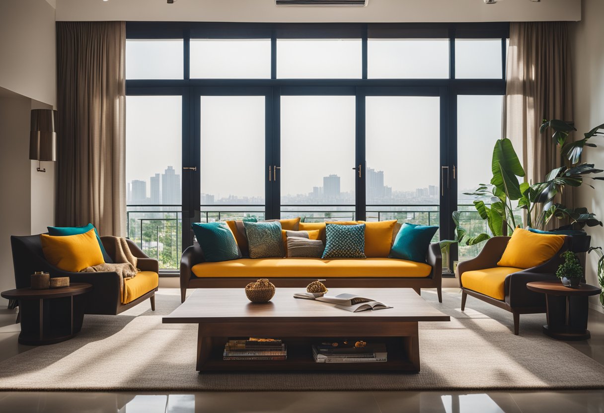 A modern chennai living room with a cozy sofa, vibrant accent pillows, a sleek coffee table, and a large window letting in natural light