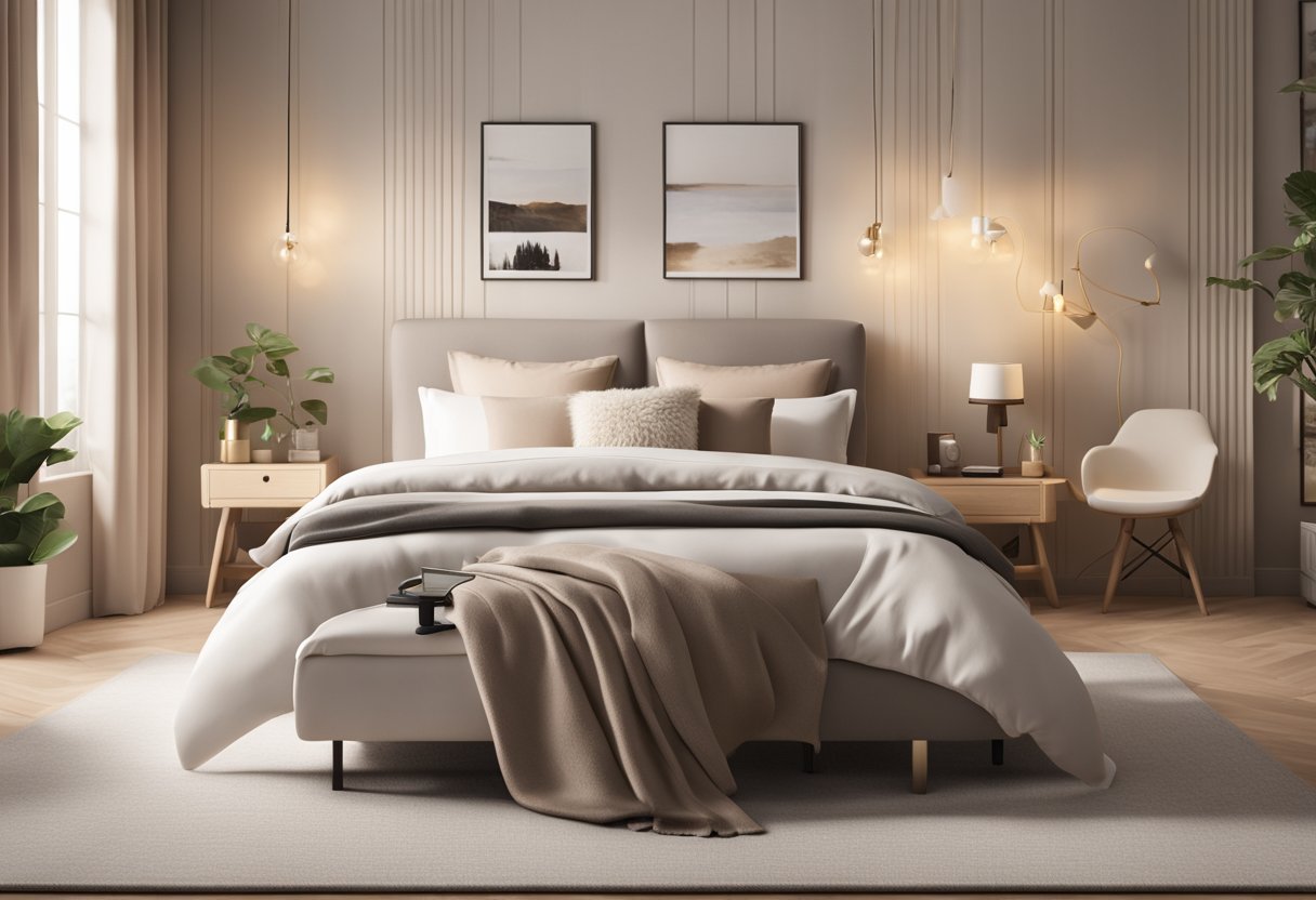 A cozy Bloxburg bedroom with modern furniture, soft lighting, and a neutral color palette. A large bed with plush bedding, a desk with a computer, and a stylish rug complete the design
