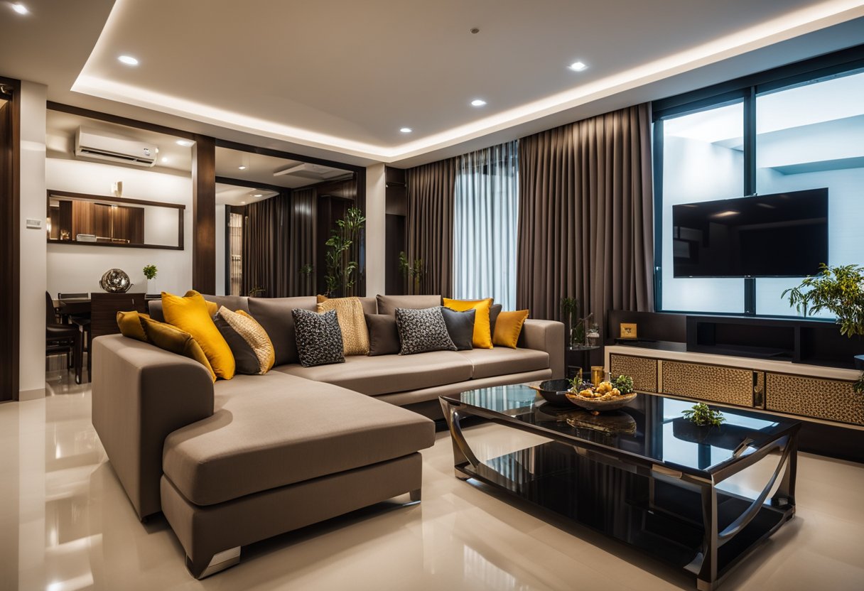 A modern living room in Chennai with sleek furniture, vibrant textiles, and a mix of traditional and contemporary design elements