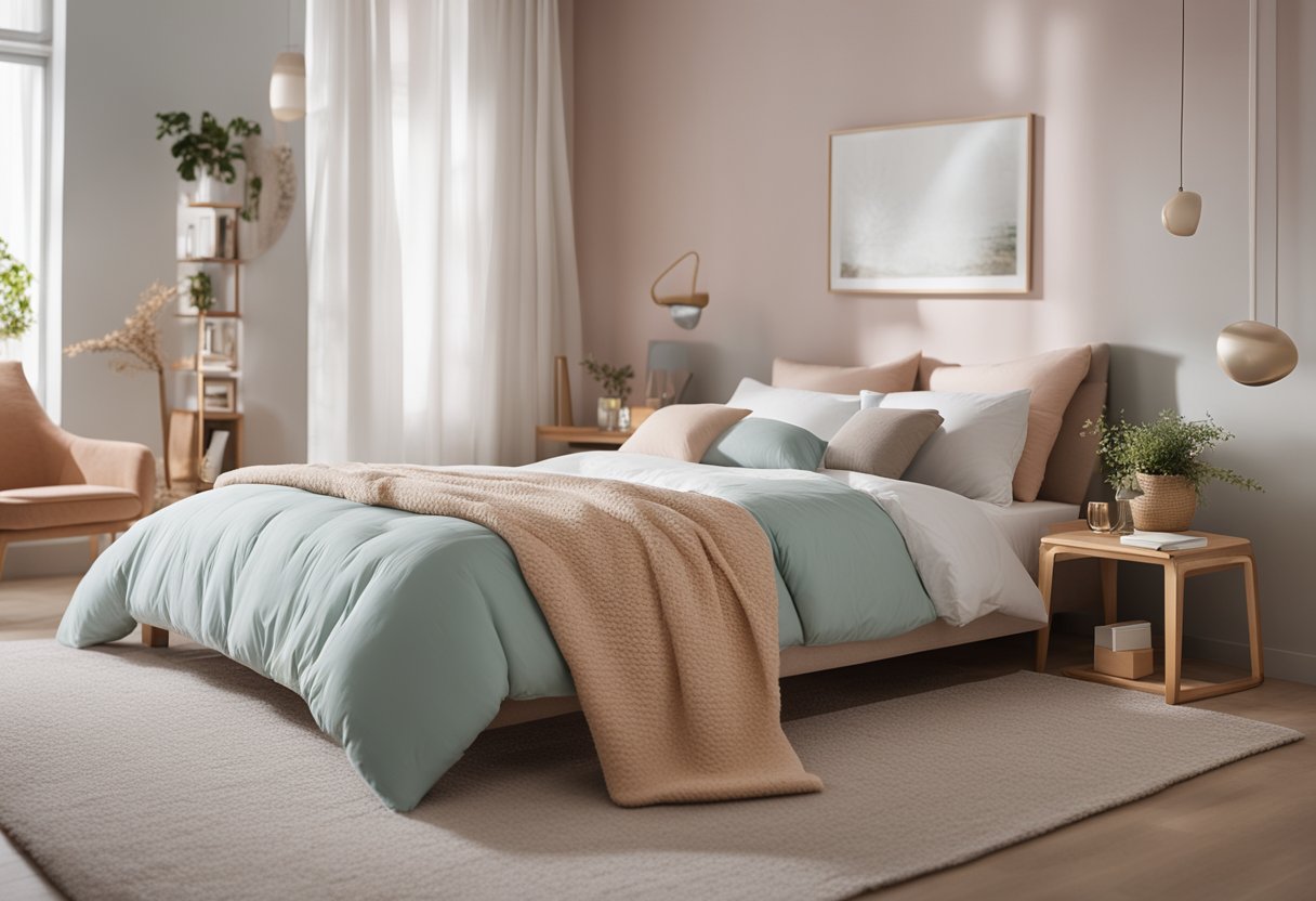 A cozy bedroom with soft pastel colors, a large comfortable bed with fluffy pillows, a stylish desk area with a computer, and a warm, inviting atmosphere