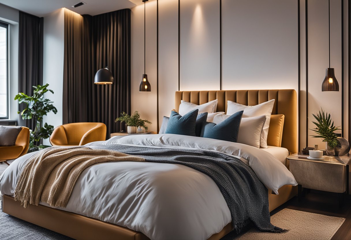 A cozy bedroom with modern decor, featuring a stylish bed, sleek furniture, and vibrant accent pieces. The room is illuminated by soft, warm lighting, creating a welcoming and inviting atmosphere