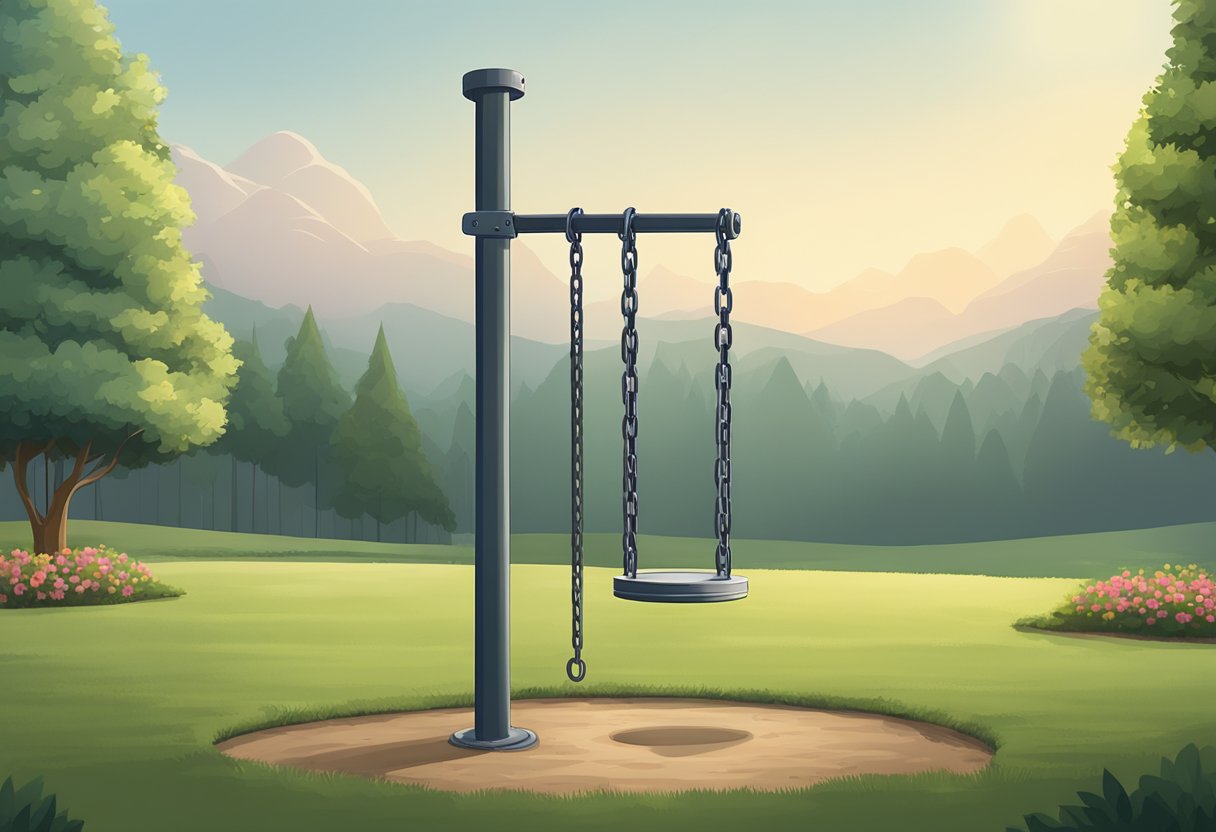 A sturdy metal pole planted firmly in the ground, supporting two chains hanging down, ready for a swing seat to be attached