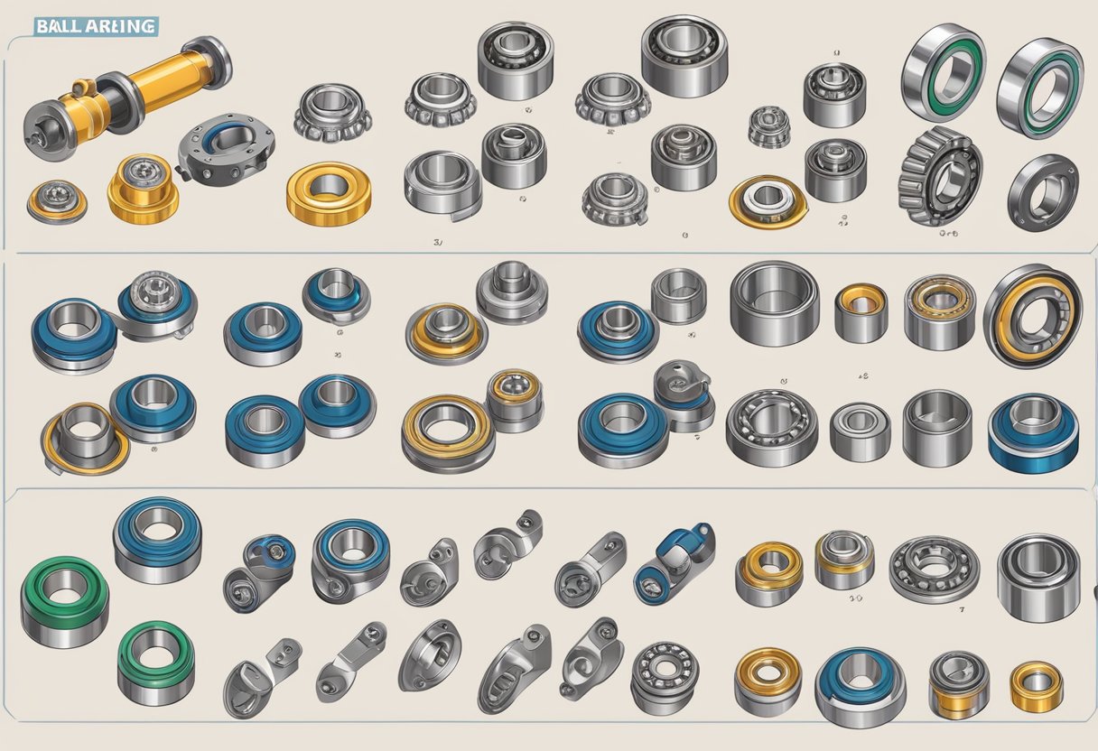 A variety of bearings, including ball bearings and roller bearings, are displayed on a table, with each type labeled for a swing set