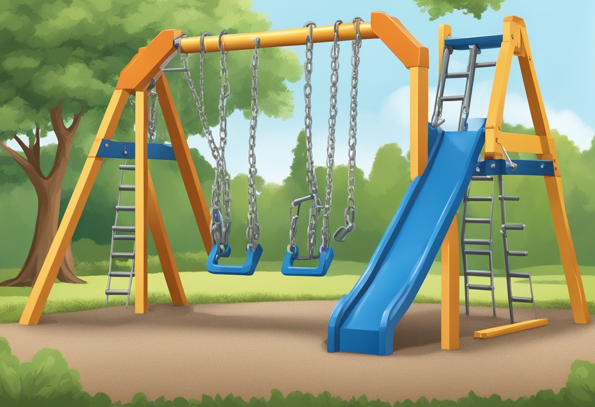 A sturdy metal bearing is being installed at the base of a swing set, with bolts being tightened securely