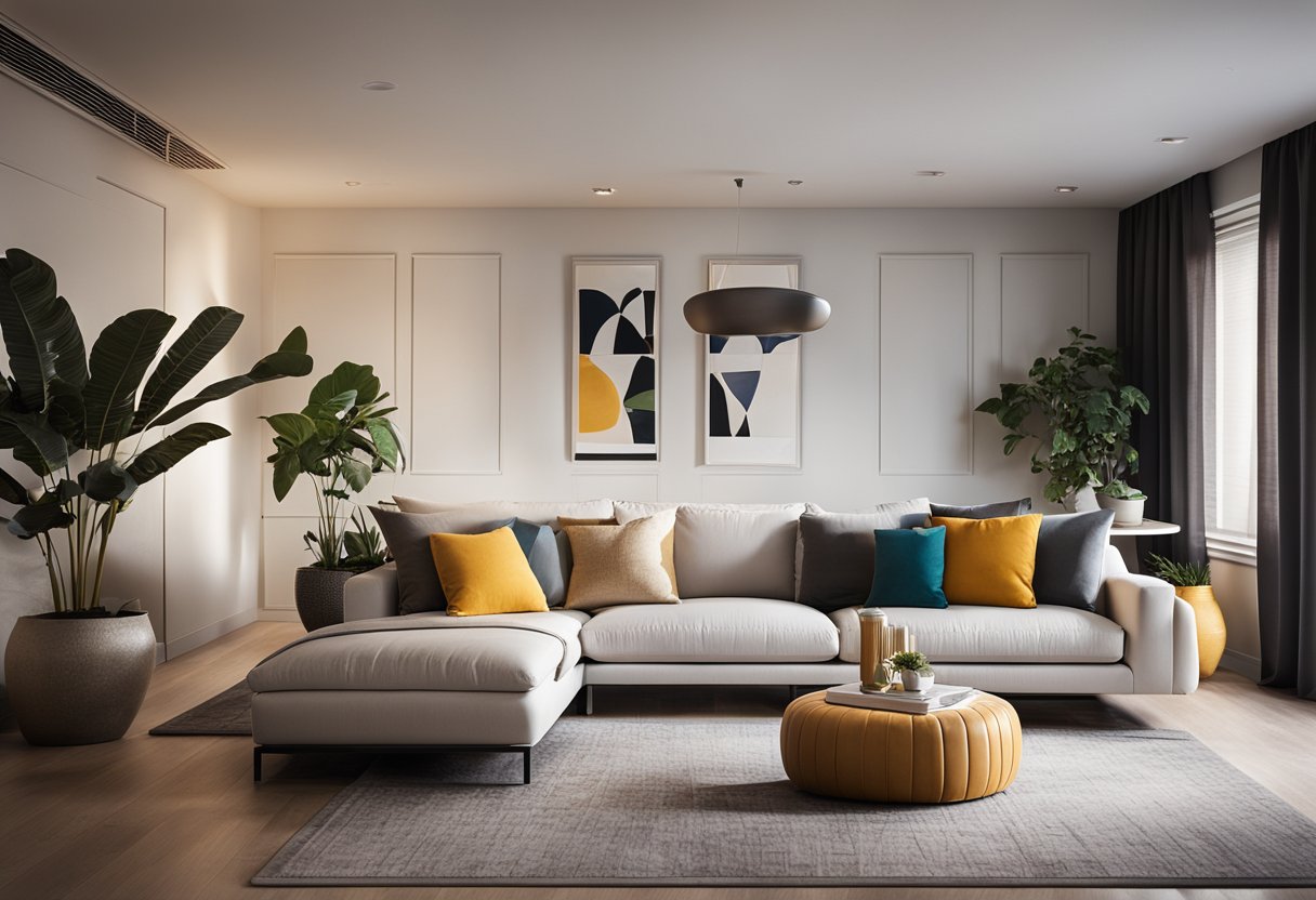 A modern living room with sleek furniture, warm lighting, and pops of color. Clean lines and a cozy atmosphere invite relaxation and conversation