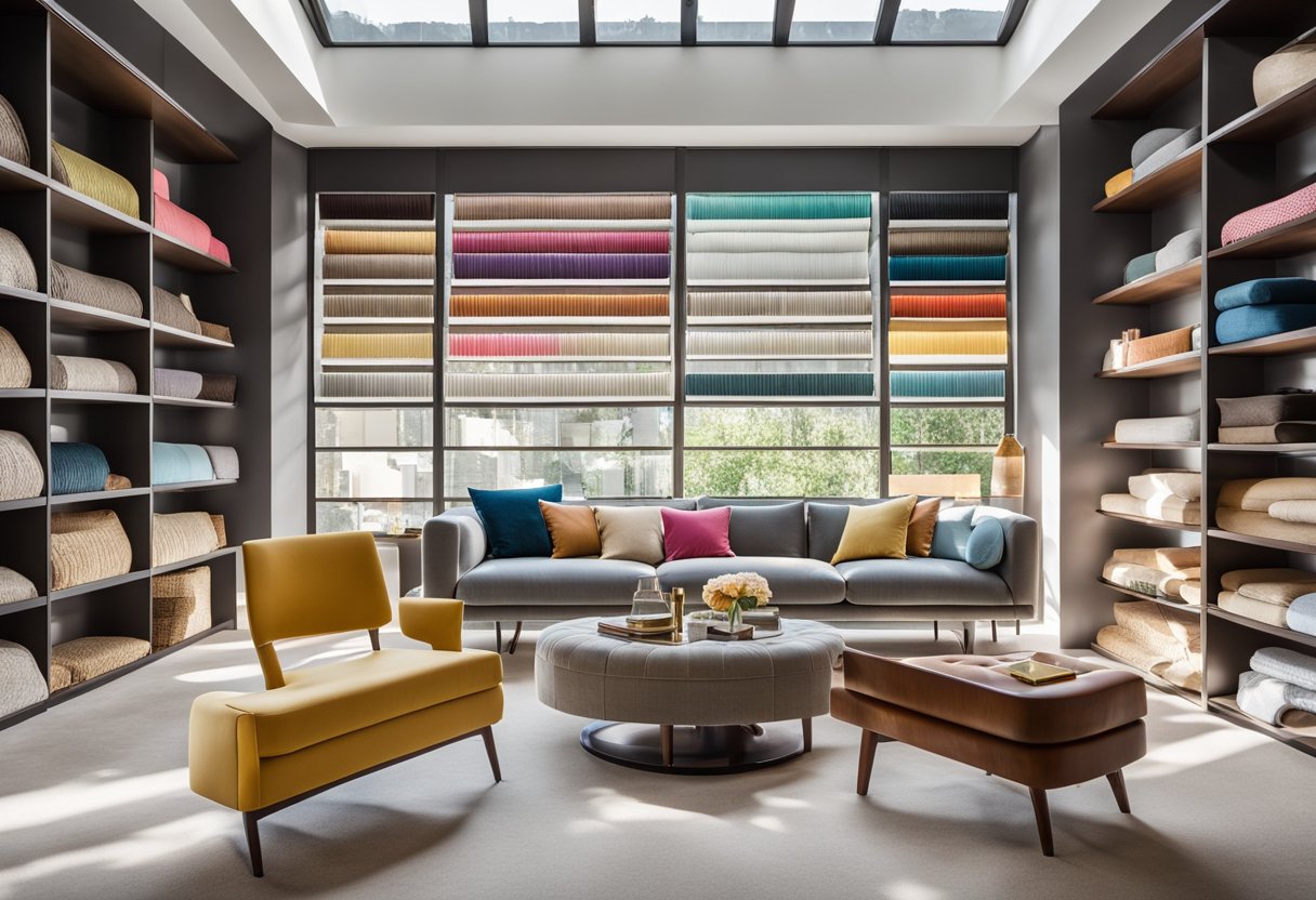 A spacious platform with sleek, modern furniture and vibrant decor, surrounded by shelves of fabric swatches and paint samples. Bright natural light floods the room, creating an inviting atmosphere for interior designers to work and collaborate