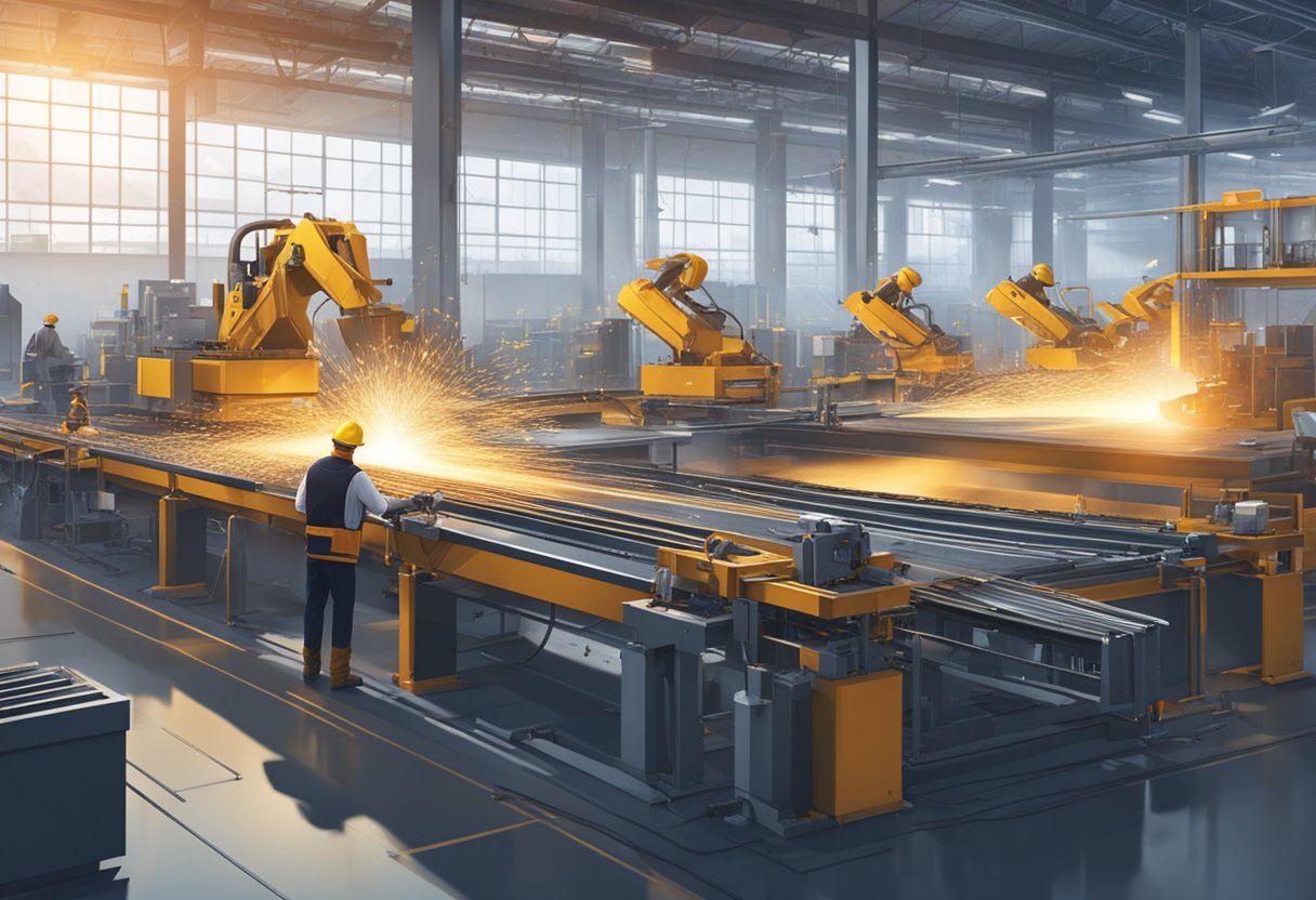 Machinery hums in a spacious, well-lit factory. Workers oversee conveyor belts transporting metal components. Sparks fly as machines shape and assemble bearings