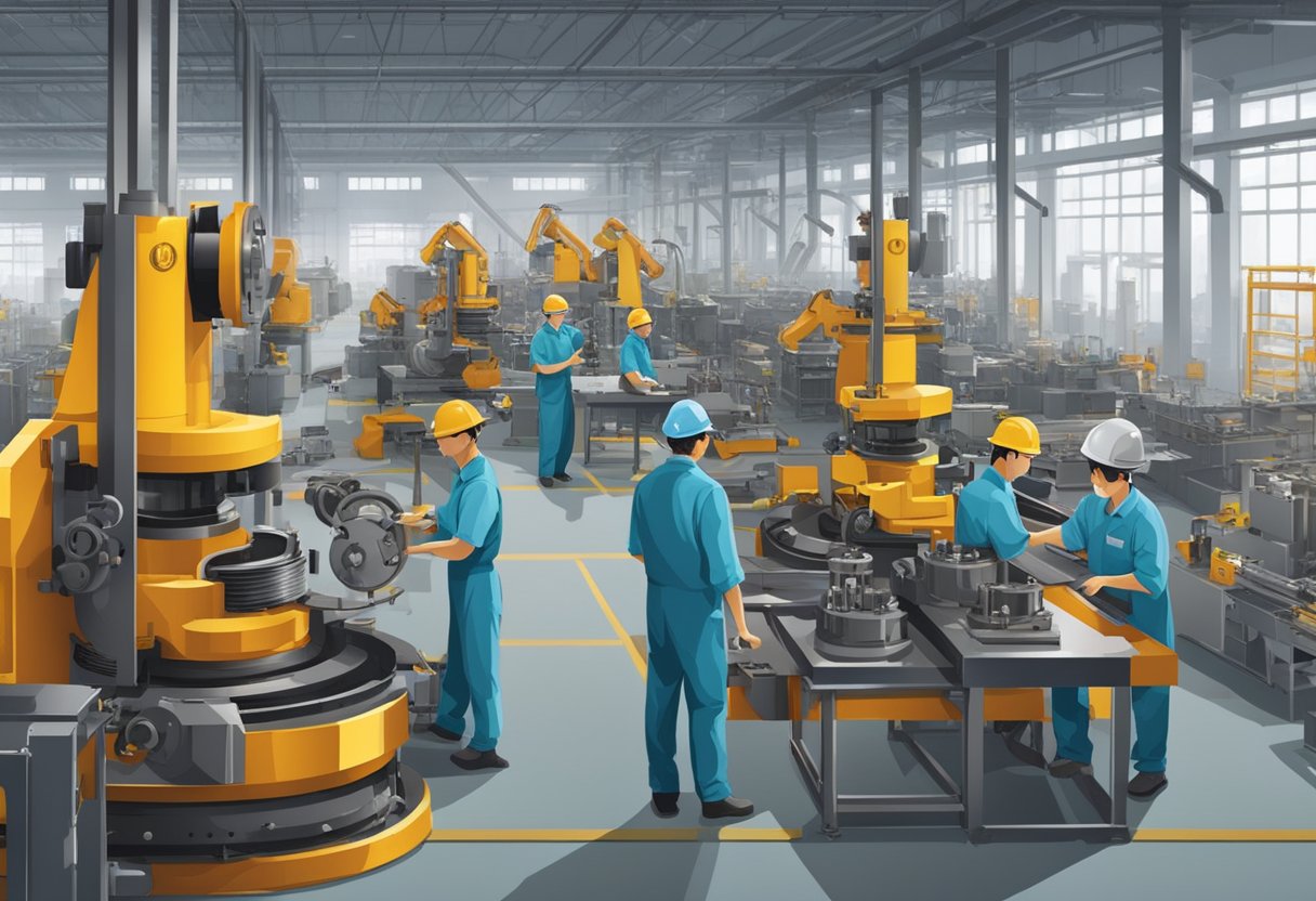 A bustling Chinese bearing manufacturing plant with workers operating heavy machinery and assembling precision parts