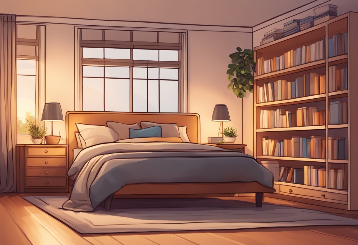 A cozy bedroom with a large, plush bed, soft lighting, and a warm color scheme. A bookshelf filled with books and a small desk with a laptop