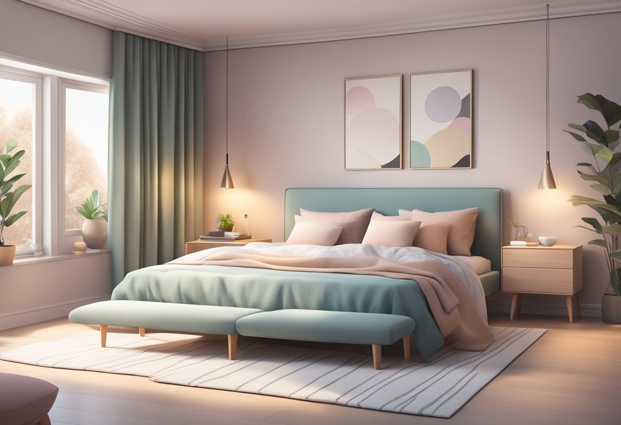 A cozy bedroom with minimalist furniture, soft lighting, and pastel colors. A large, comfortable bed with plush pillows and a sleek, modern wardrobe