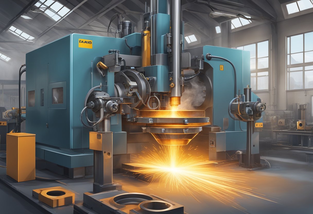 Machinery molds molten metal into precision bearing rings. Sparks fly in the industrial workshop as the manufacturing process takes place