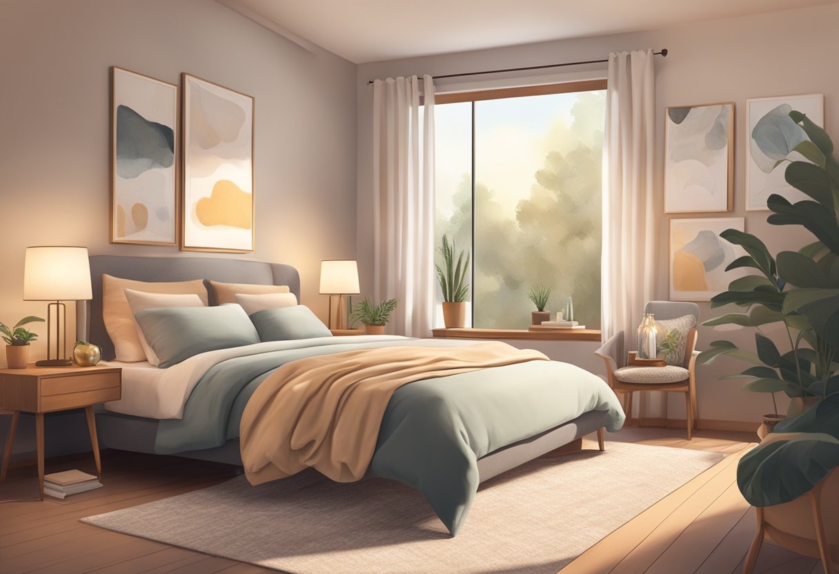A cozy bedroom with warm lighting, soft bedding, and decorative accents creating a tranquil and inviting atmosphere