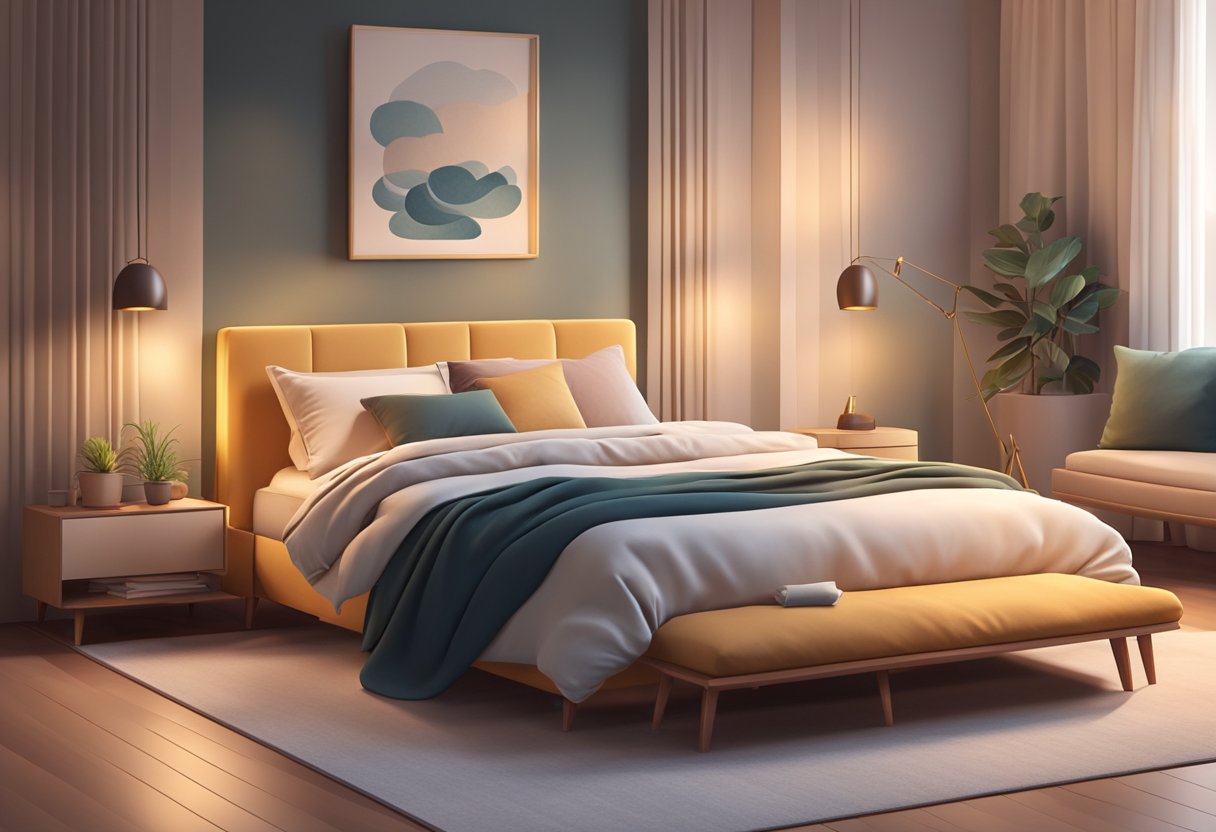 A cozy bedroom with modern furniture, soft lighting, and a stylish color scheme. A bookshelf and a comfortable bed with plush pillows and a warm throw blanket