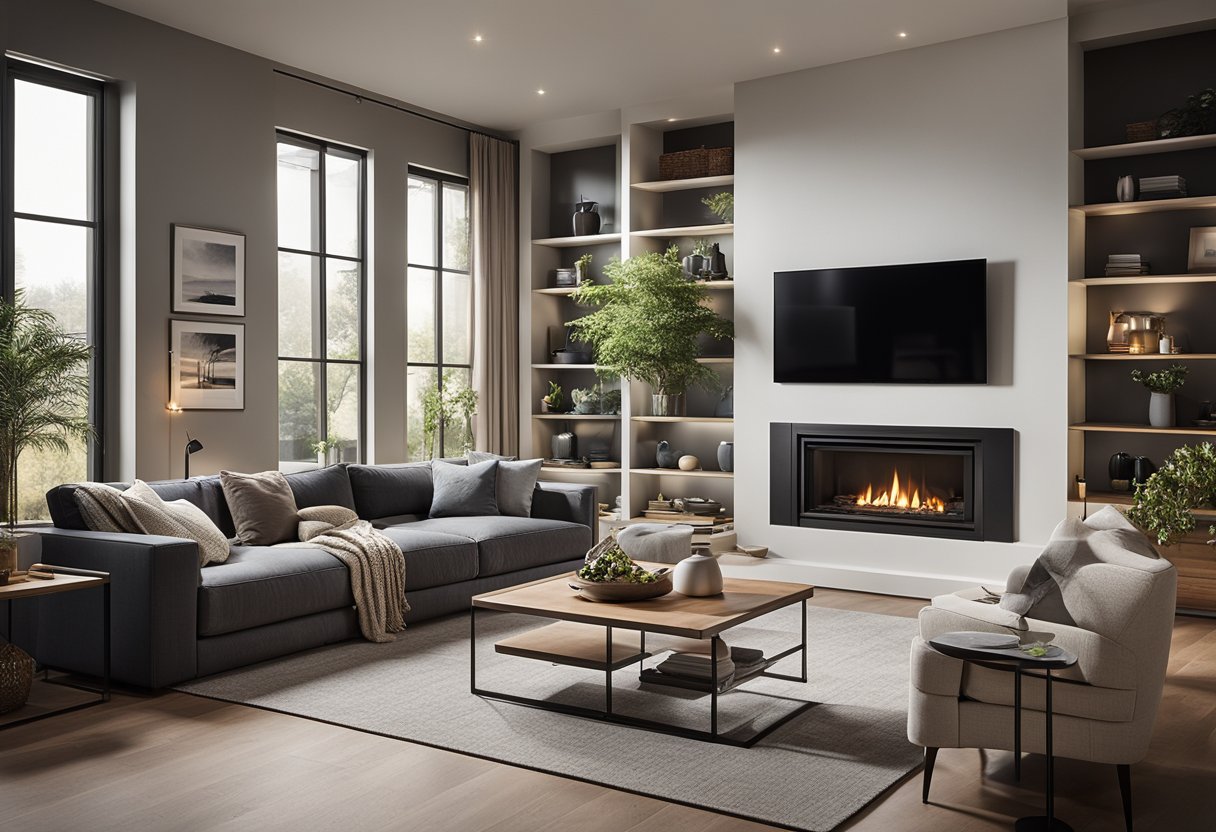 A cozy living room with a fireplace, large windows, and comfortable seating. The kitchen features modern appliances, an island, and plenty of storage space