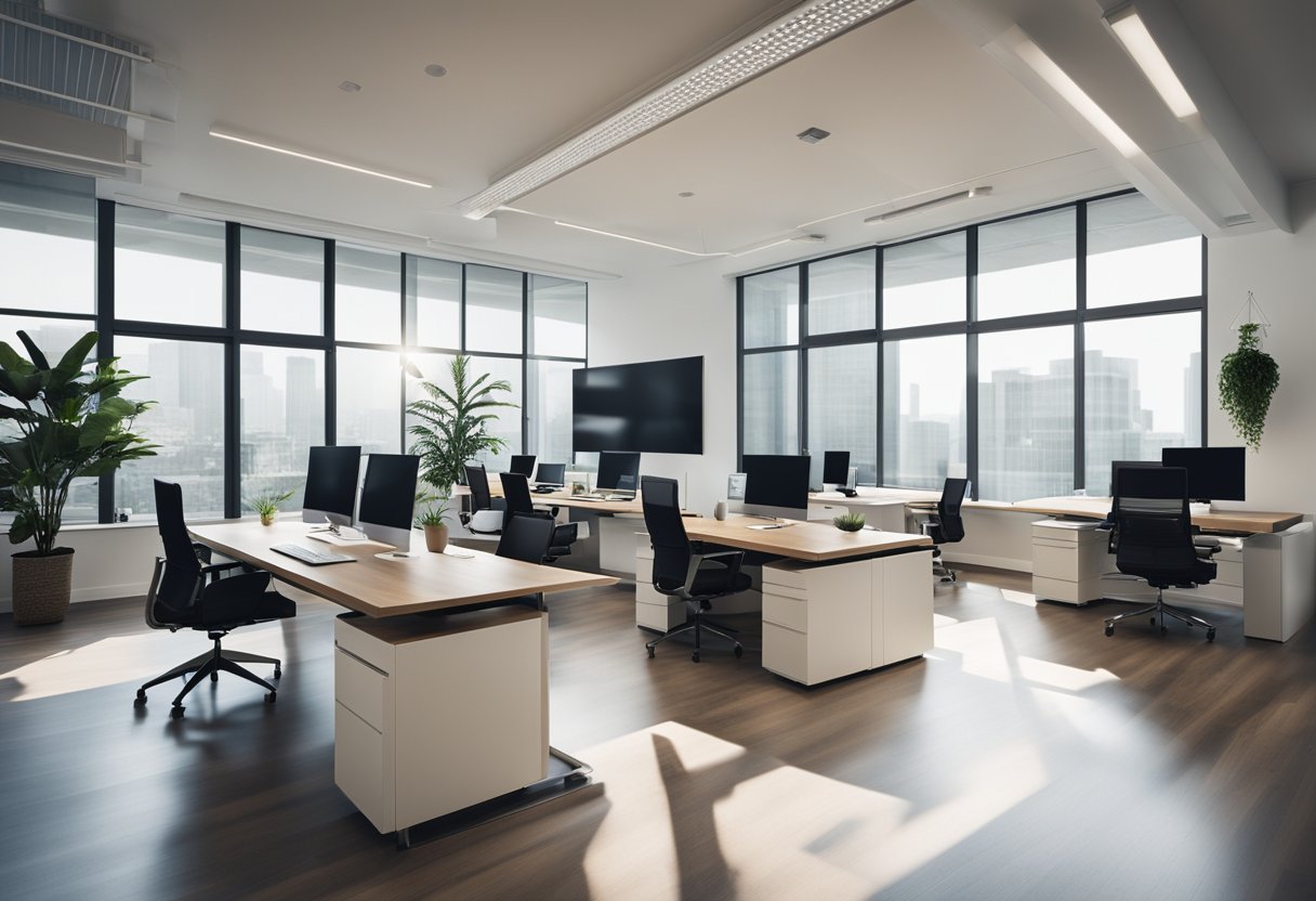 The office space features modern furniture, large windows, and a minimalist color scheme. There are sleek desks, ergonomic chairs, and a mix of natural and artificial lighting