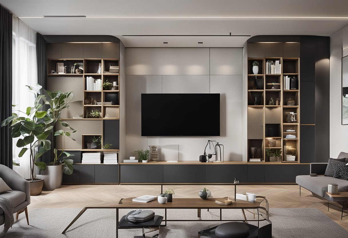 The open-concept living area features modular furniture and integrated storage, maximizing functionality and creating a seamless flow between spaces