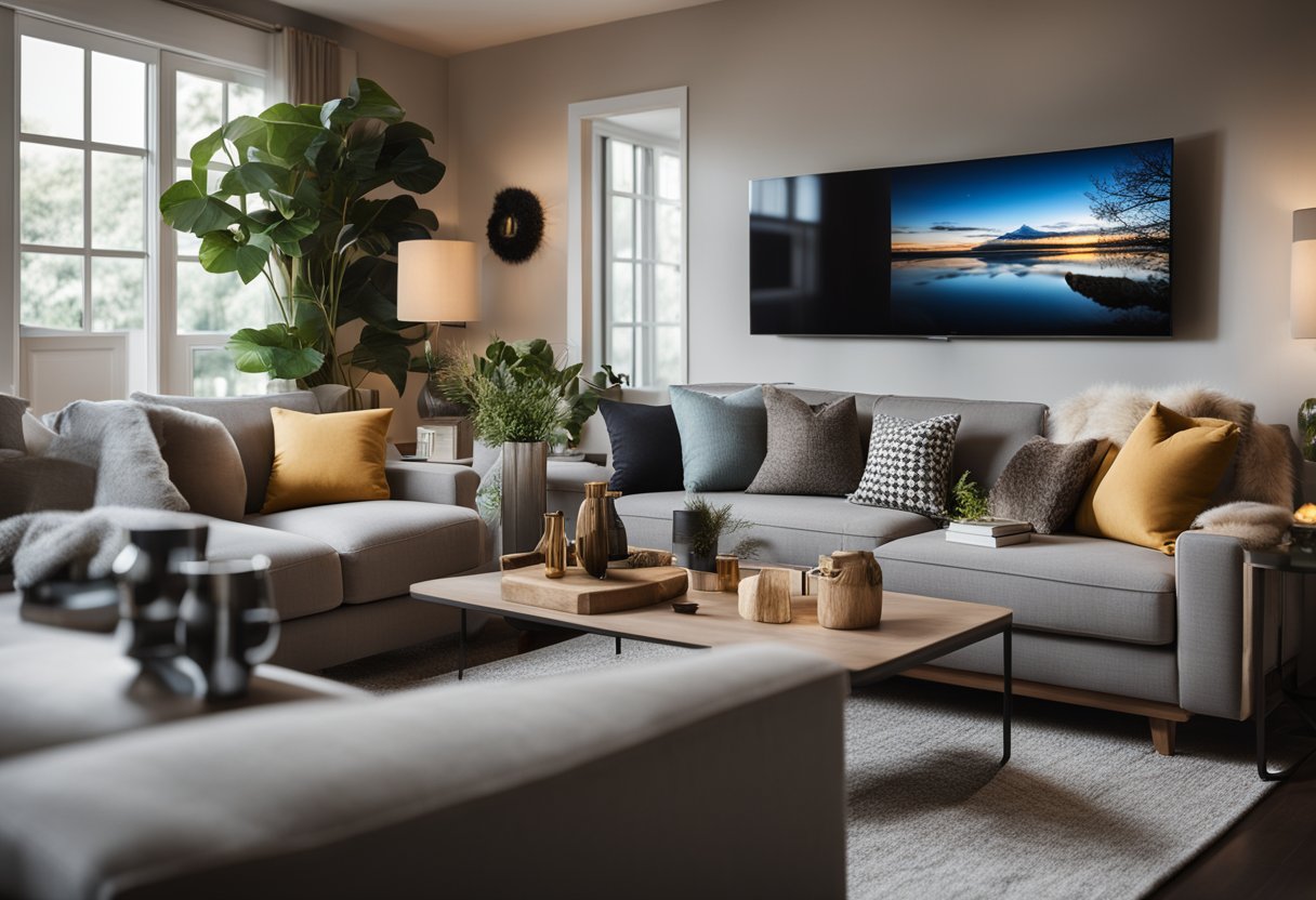 A cozy living room with modern furniture, warm lighting, and a cluster of frequently asked questions displayed on a digital screen