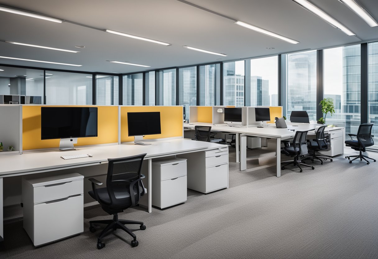A modern office with sleek furniture, ample natural light, and pops of color. Functional layout with ergonomic workstations and integrated storage solutions