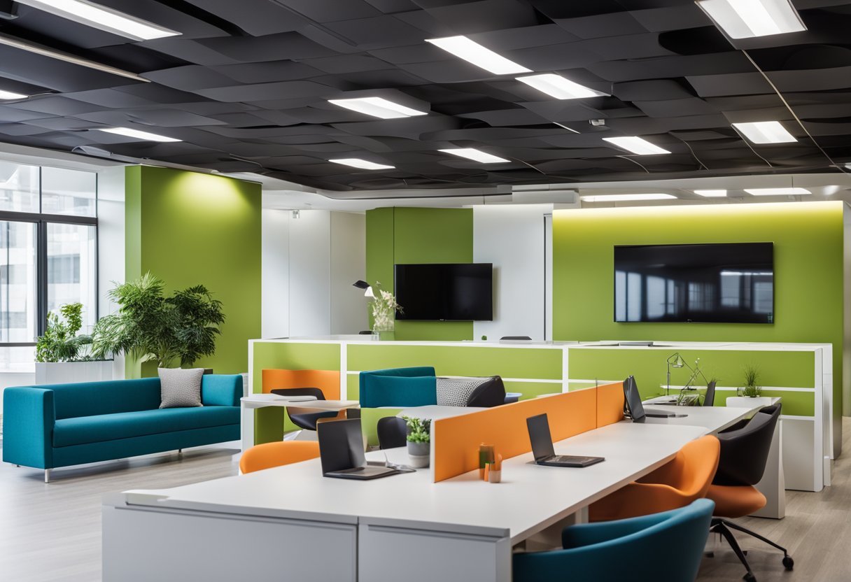 The office space features modern furniture, a sleek reception area, and a vibrant color scheme. The walls are adorned with informational posters and the room is filled with natural light
