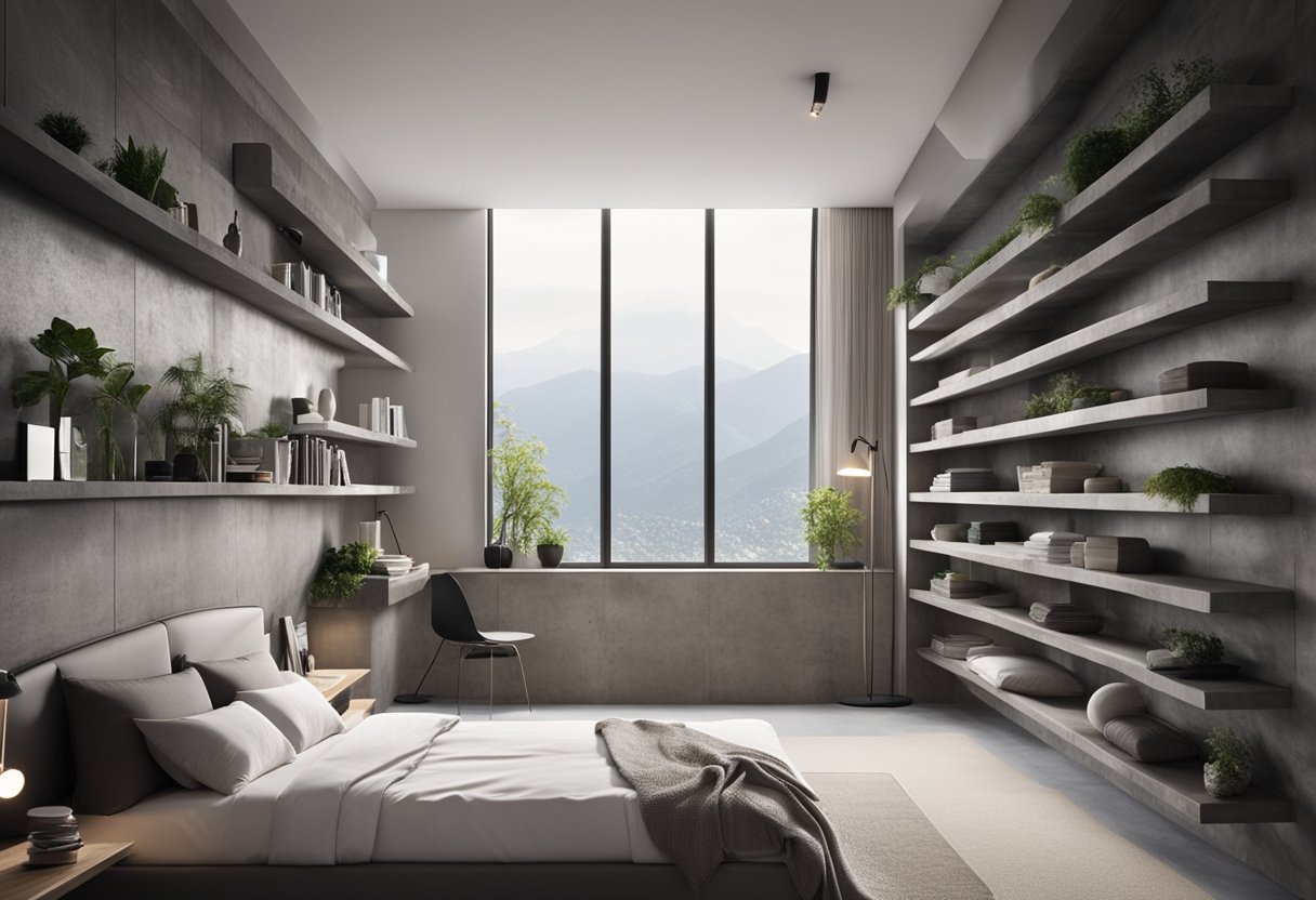 Cement shelves line the bedroom wall, with minimalist design and clean lines