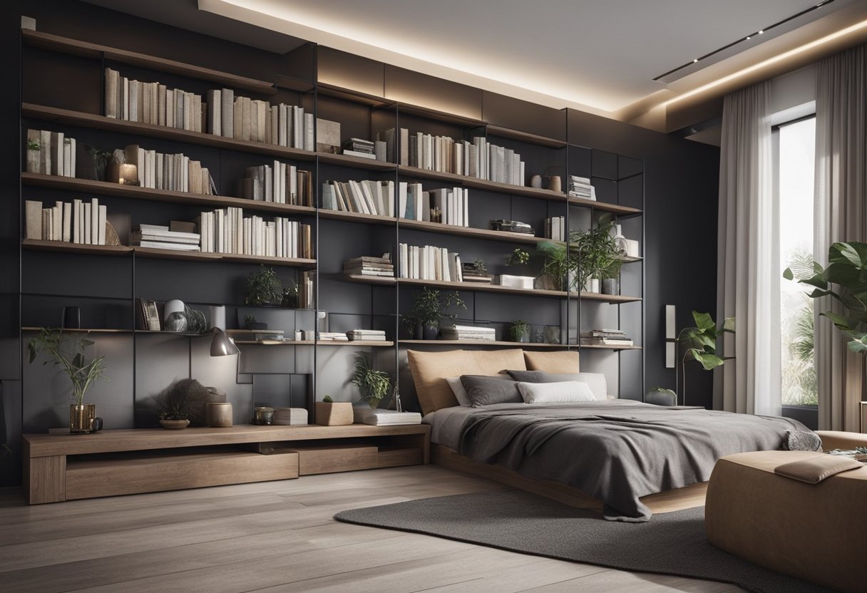 A bedroom with sleek cement shelves mounted on the wall, showcasing books and decorative items