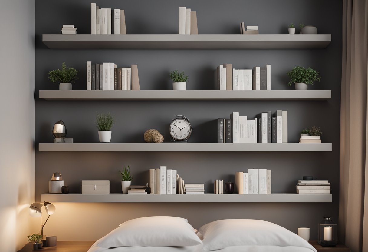Cement shelves line the bedroom wall, neatly organized with books and decor. A cozy, minimalist design with soft lighting
