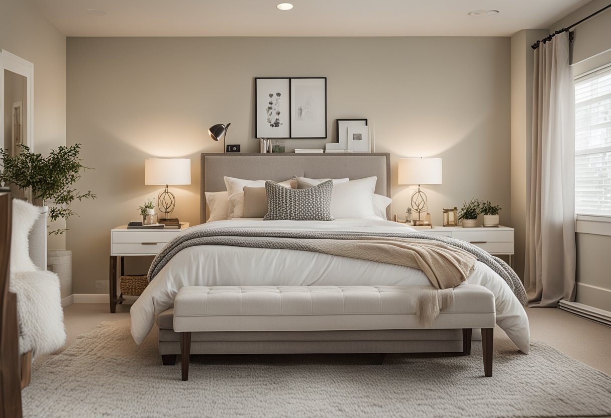 A cozy 11x12 bedroom with a queen-sized bed, nightstands, a dresser, and a small reading nook by the window. Soft, neutral colors create a peaceful atmosphere
