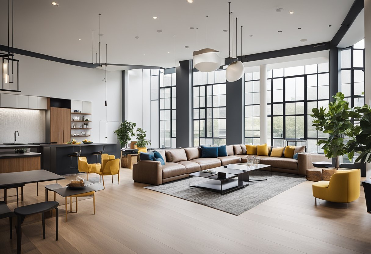 The contemporary cheer interior features clean lines, vibrant colors, and modern furniture. Large windows allow natural light to fill the space, while sleek flooring and minimalistic decor create a welcoming and energizing atmosphere