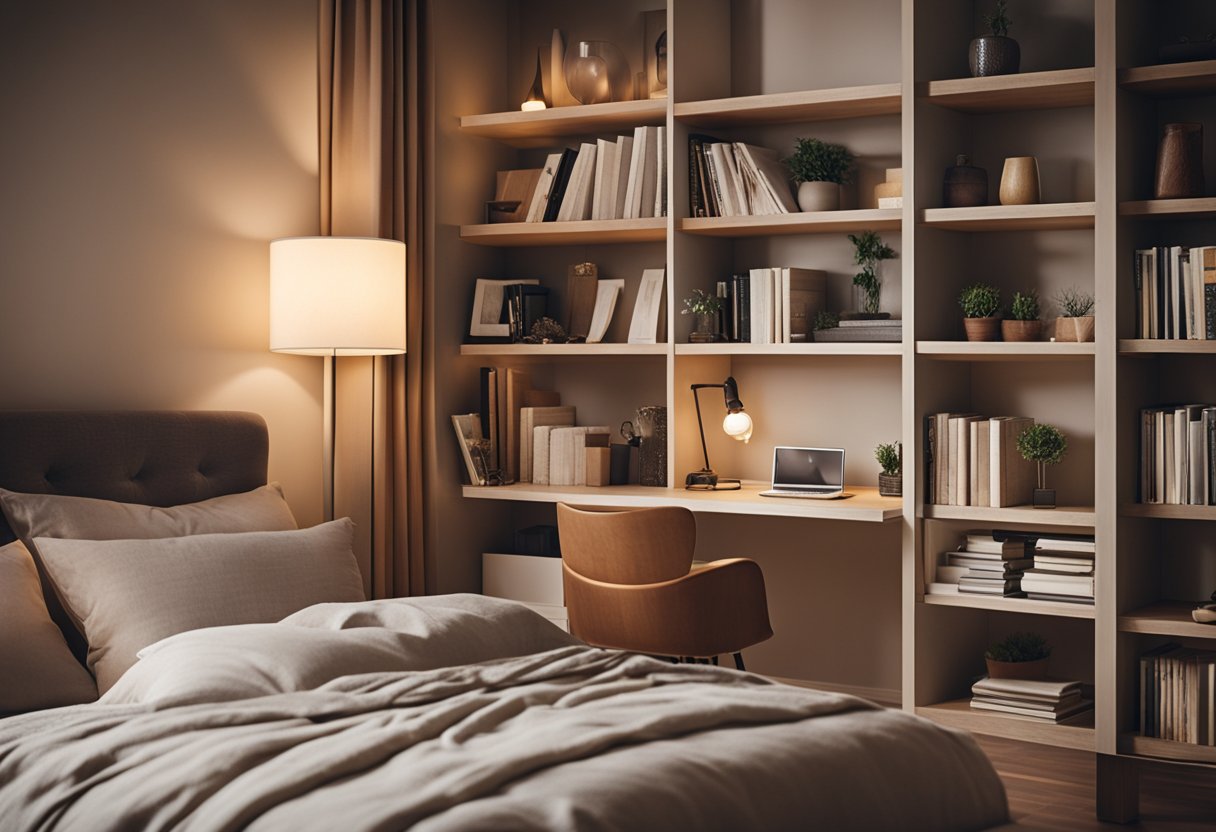 A cozy bedroom with a large, plush bed, soft lighting, and warm, earthy tones. A bookshelf and a small desk create a peaceful, inviting atmosphere