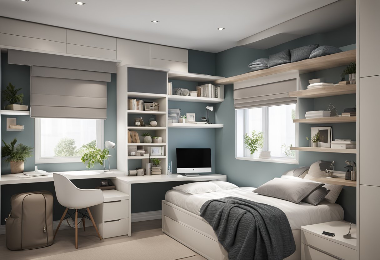 A neatly organized 11x12 bedroom with a built-in storage bed, compact desk, and wall-mounted shelves. The color scheme is light and airy, with minimalistic decor to maximize space and functionality
