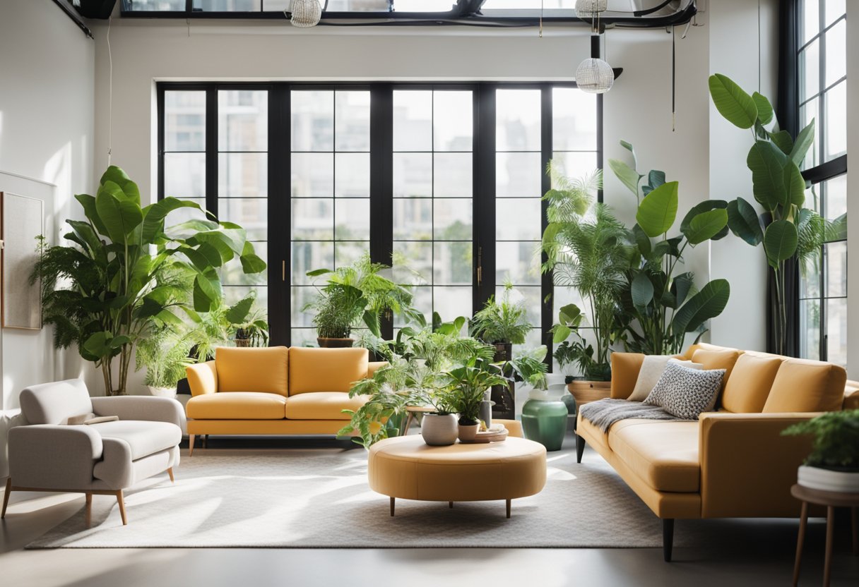 A bright, airy room with sleek furniture, pops of color, and geometric patterns. Large windows let in natural light, and plants add a touch of greenery