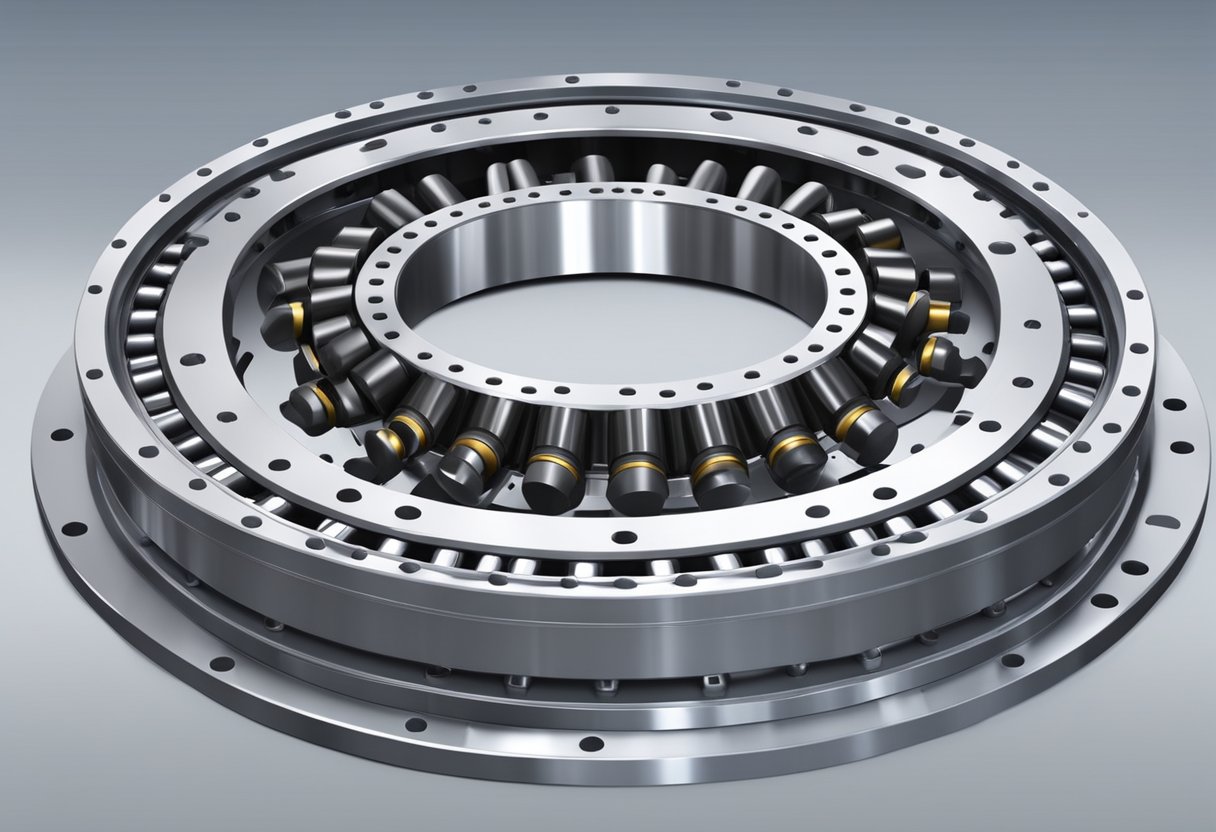 A large slewing bearing rotates smoothly on a sturdy base, with multiple rows of ball or roller elements visible within the raceway