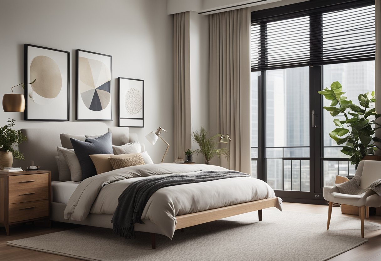 A cozy condo bedroom with a large, comfortable bed, soft, neutral-colored bedding, and modern, minimalist decor. A large window lets in natural light, and there's a small desk or reading nook in the corner