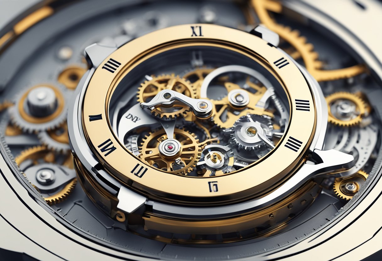 A watch lying on a clean, well-lit surface, with its intricate gears and mechanisms exposed for inspection and maintenance