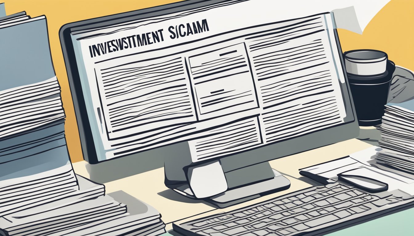 A stack of legal documents and a computer screen displaying investment scam warnings in Singapore