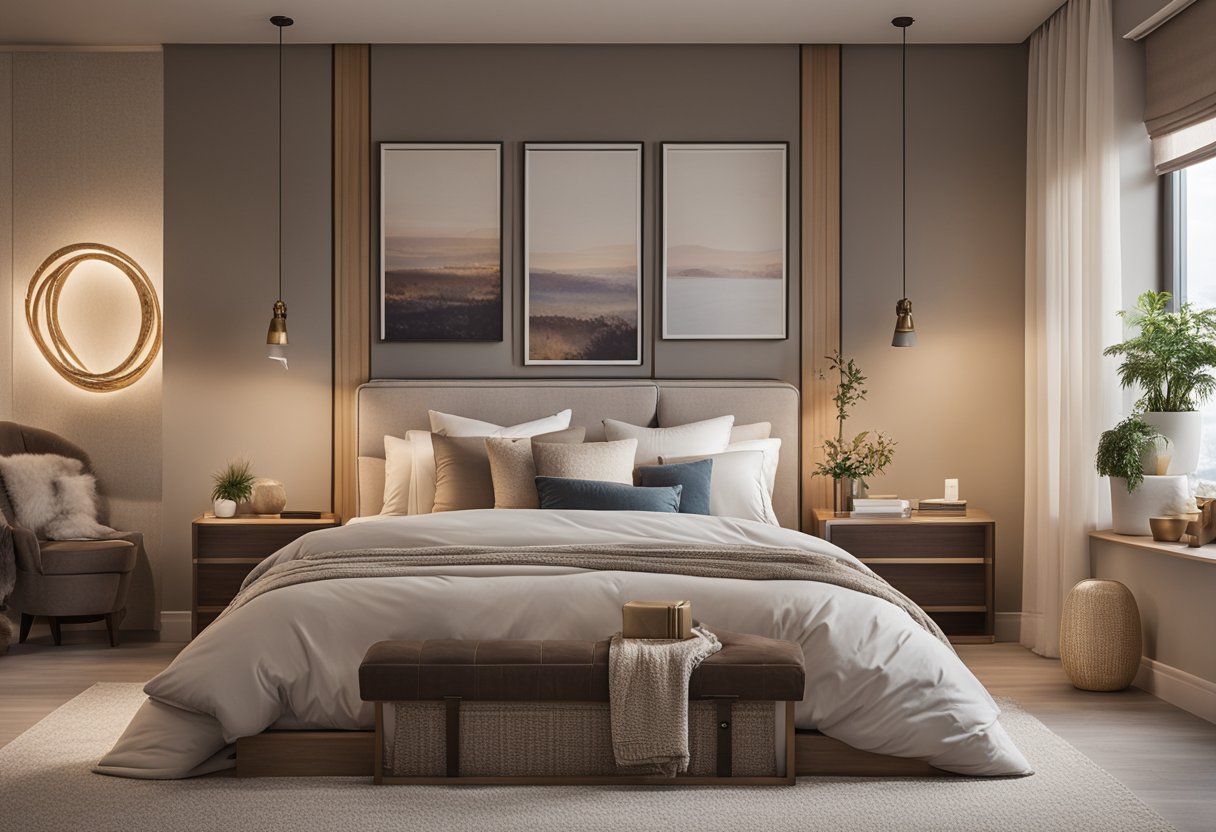 A cozy 11x12 bedroom with soft, neutral tones, plush bedding, and warm lighting. A large, inviting bed sits against a feature wall adorned with artwork, while a comfortable reading nook with a small side table and lamp completes the space