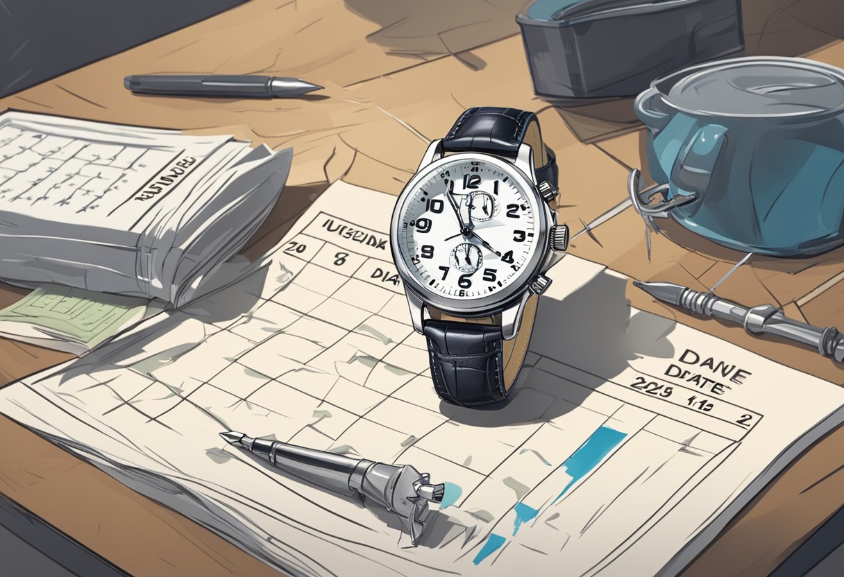 A watch with a cracked face and loose hands sits on a table next to a ticking clock and a calendar marked with past due dates