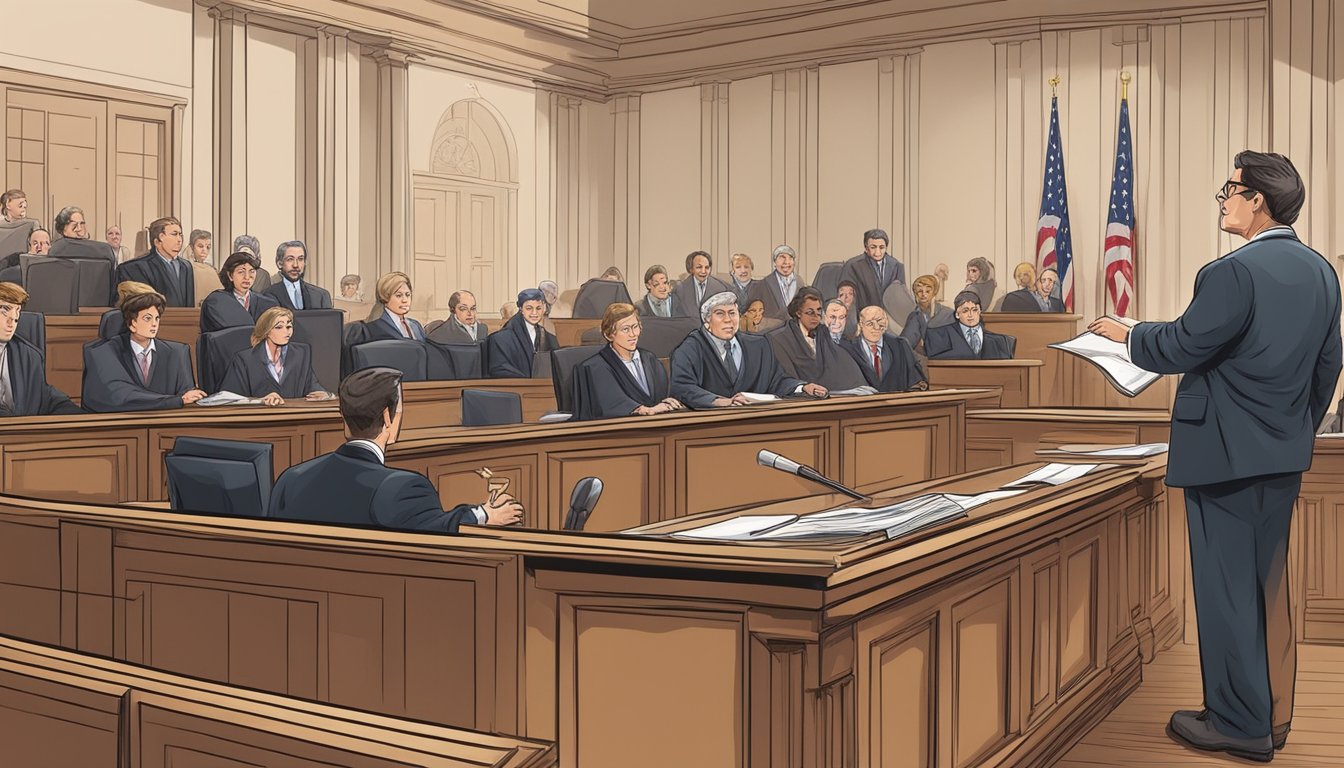 A courtroom scene with a judge presiding over a case involving investment fraud. Lawyers present evidence and argue legal points