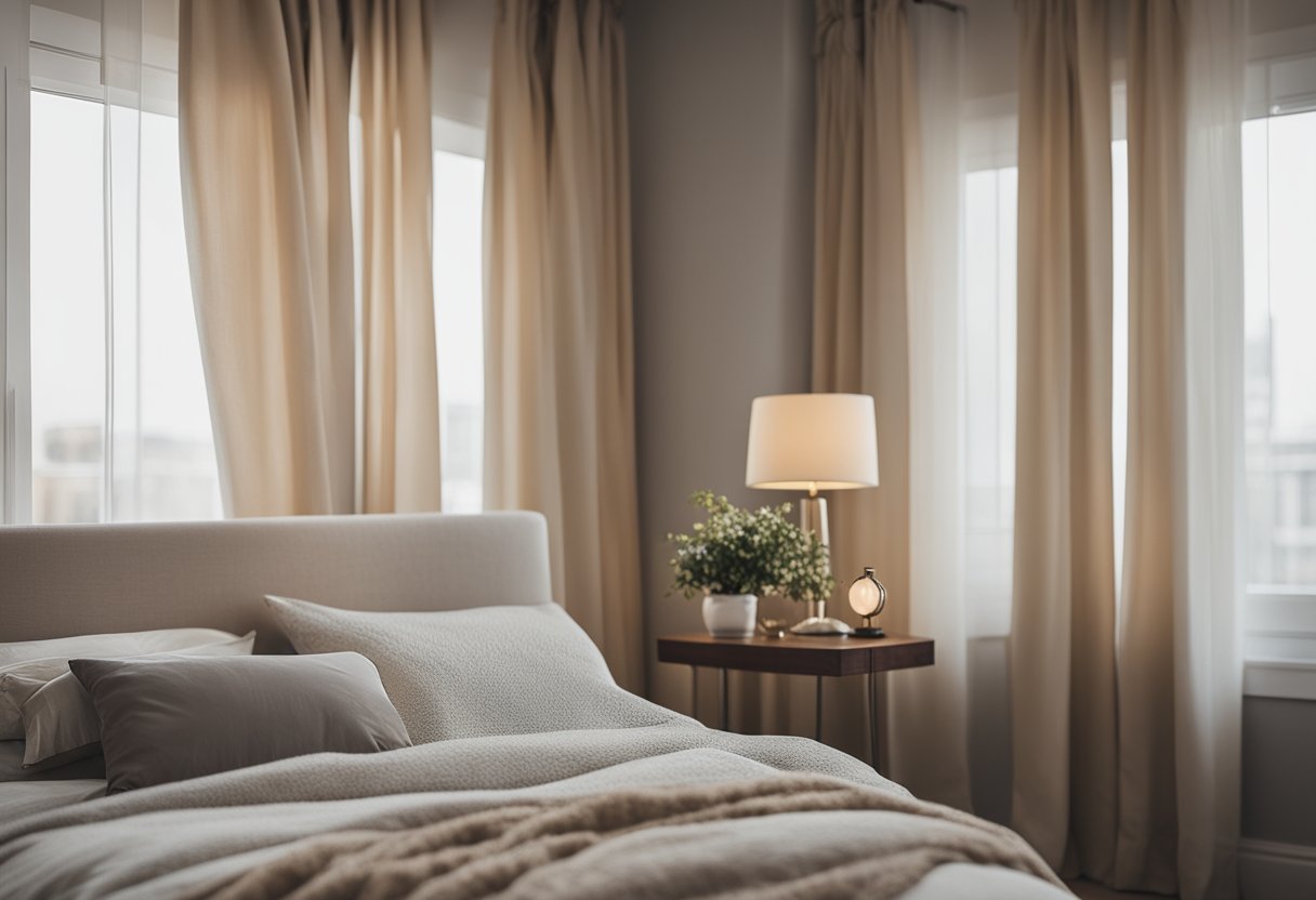 A cozy bedroom with a queen-sized bed, soft neutral-toned bedding, a large window with sheer curtains, a small side table with a lamp, and a comfortable reading chair in the corner