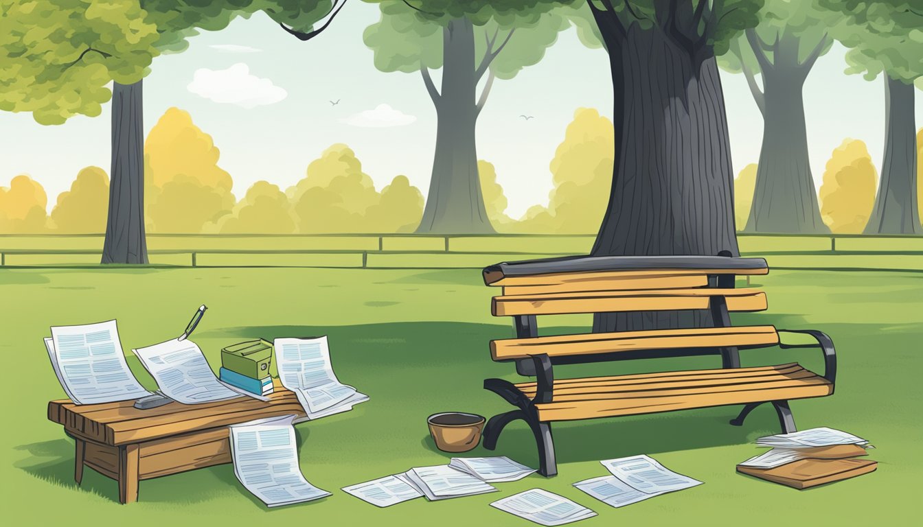 A serene park setting with a bench and a tree, with a calculator and financial documents spread out, depicting retirement planning