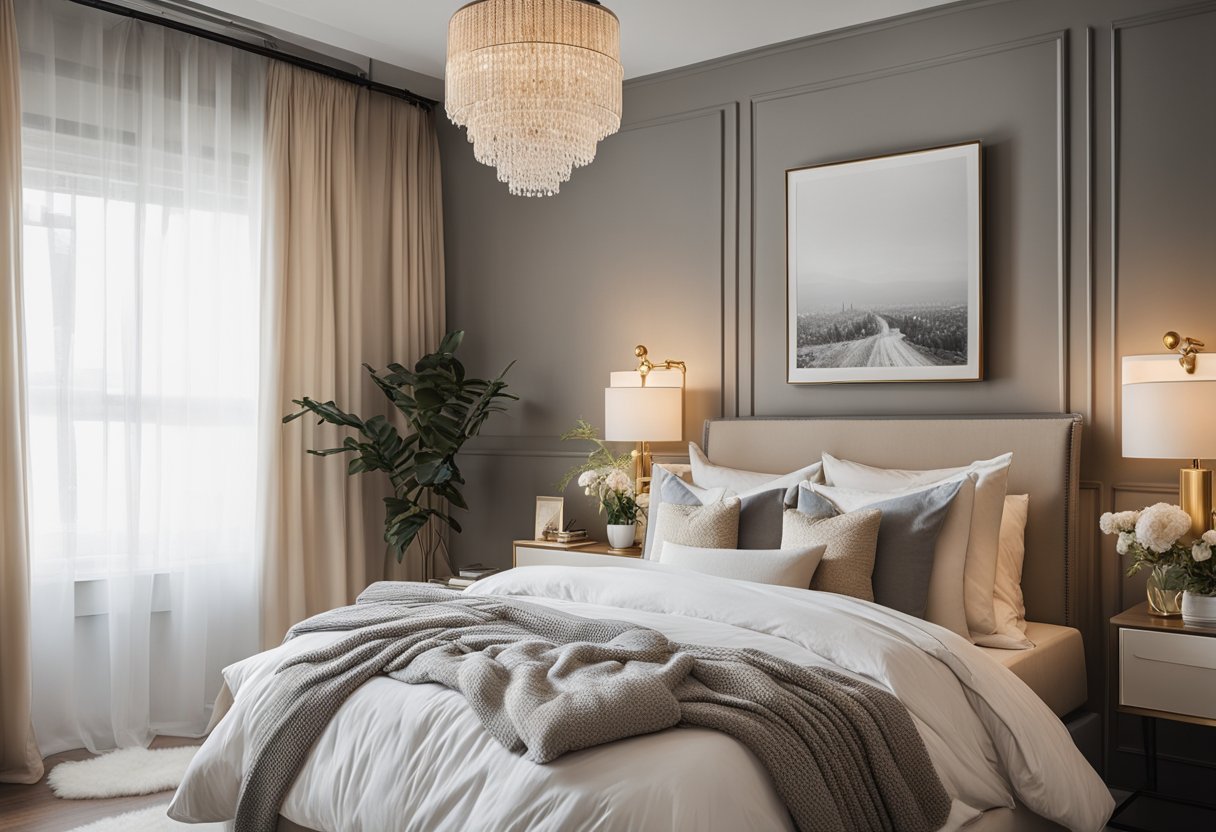 A cozy 11x12 bedroom with a neutral color palette, a queen-sized bed with a tufted headboard, a small desk, and a large window with sheer curtains
