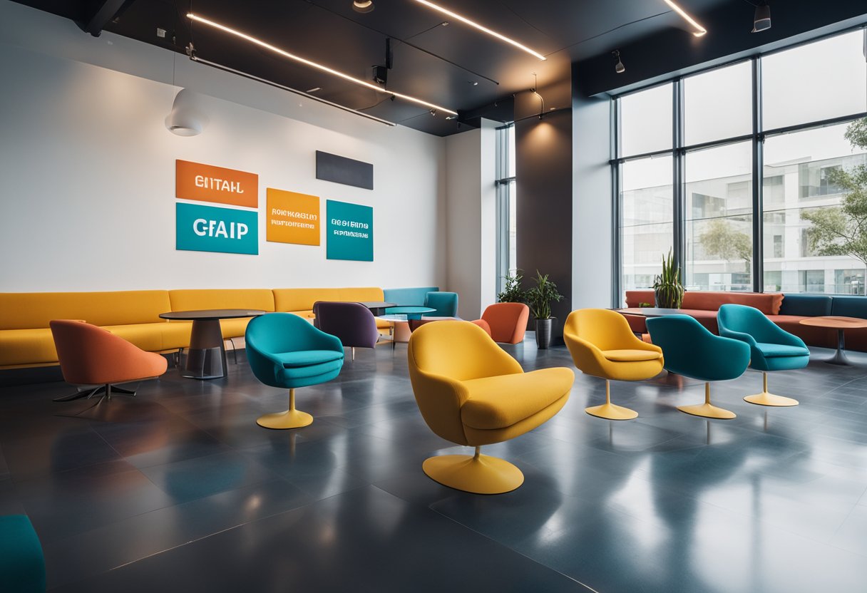 A modern, sleek interior with vibrant colors, clean lines, and comfortable seating. A large, eye-catching FAQ sign is prominently displayed, adding a playful and informative touch to the space