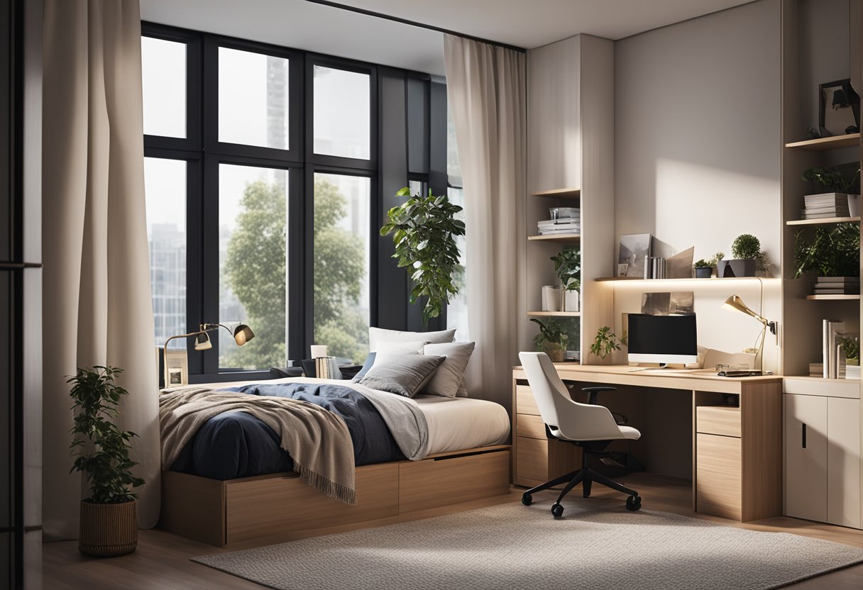 A cozy bedroom with modern furniture, soft lighting, and minimalist decor. A large window lets in natural light, and a small desk area provides a functional workspace