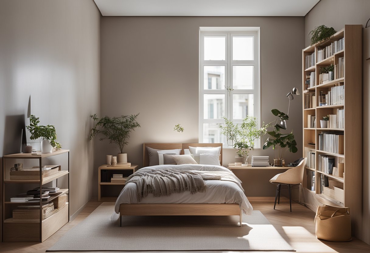 A cozy bedroom with minimalistic furniture, soft lighting, and neutral colors. A bookshelf and a small desk are placed against the wall, with a large window letting in natural light