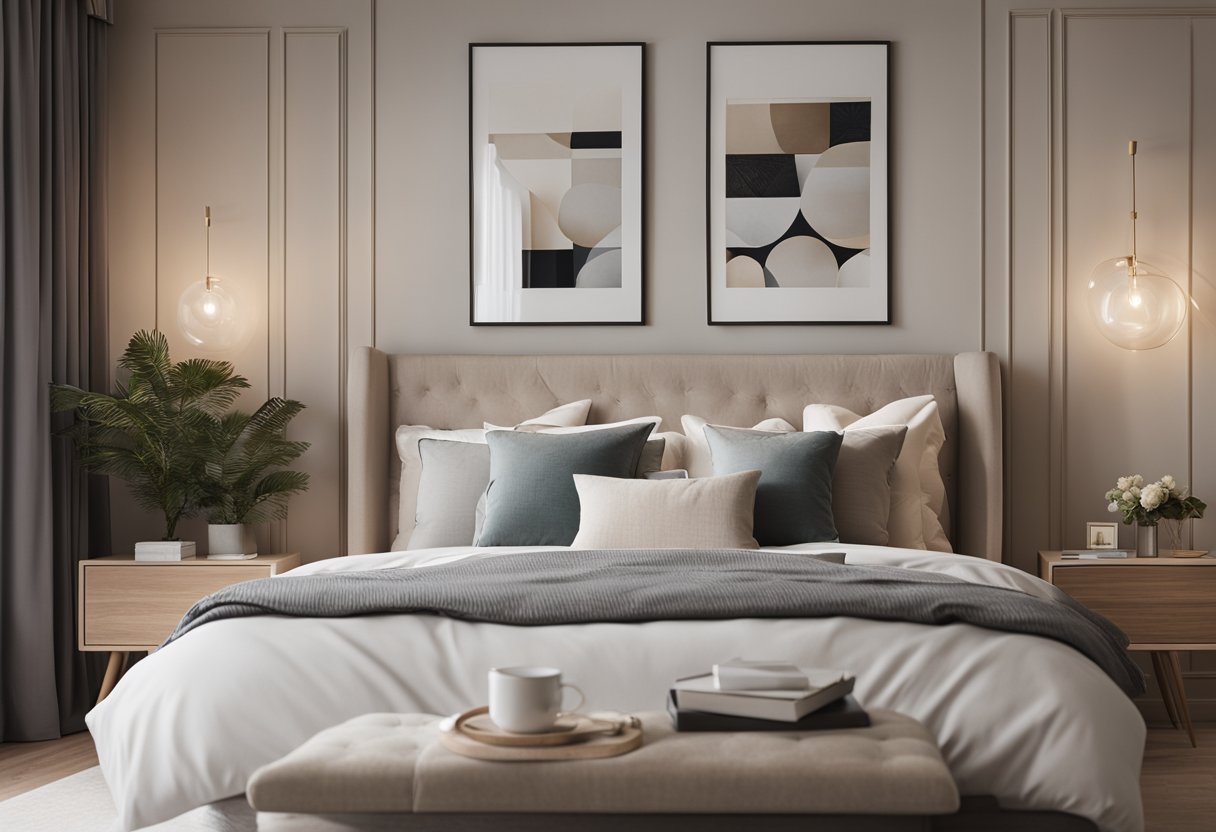 A cozy condo bedroom with modern furniture, soft lighting, and a neutral color palette. A large bed with fluffy pillows and a sleek desk with a comfortable chair