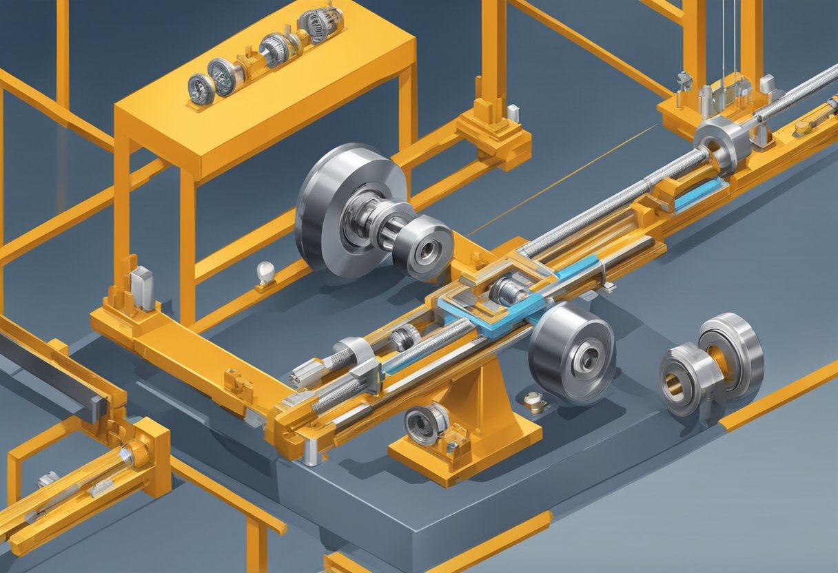 A china cross roller bearing suspended in mid-air, surrounded by precision machinery and tools