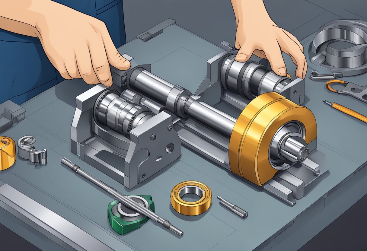 A technician designs a cross roller bearing using engineering tools and precision instruments