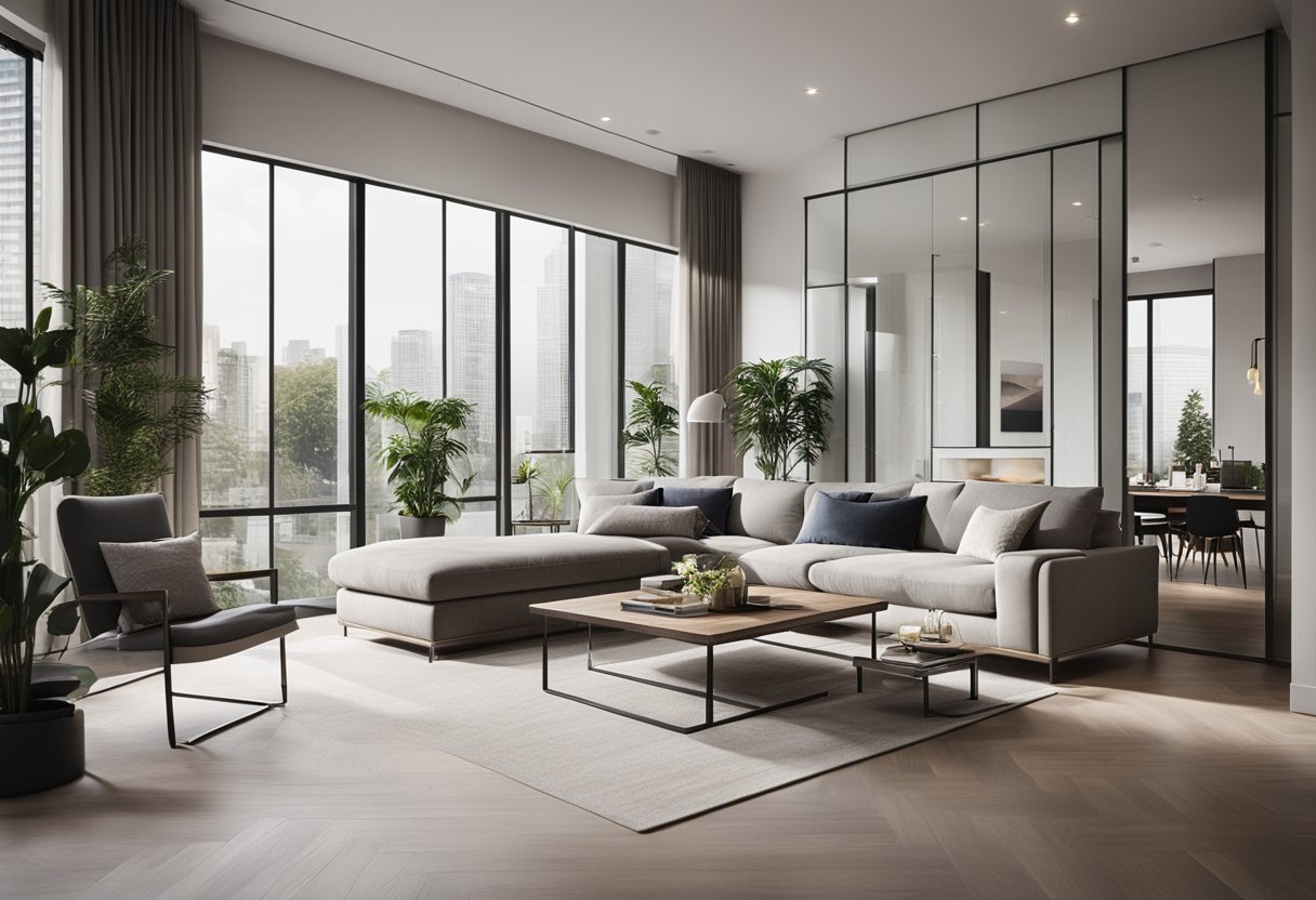 A modern 2 bedroom design with a spacious living area, large windows, and minimalist furniture