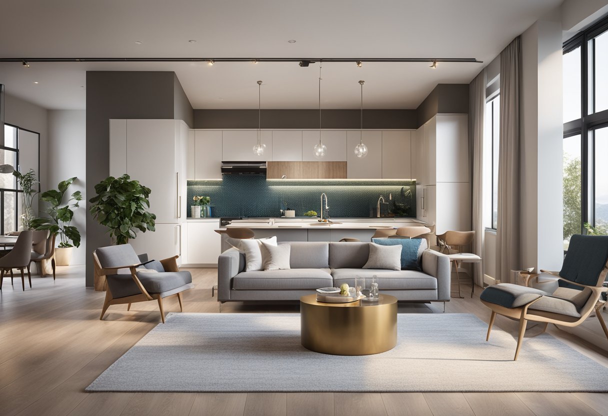 A spacious living room connects to a modern kitchen. Two bedrooms feature large windows and ample closet space. A cozy study nook completes the layout